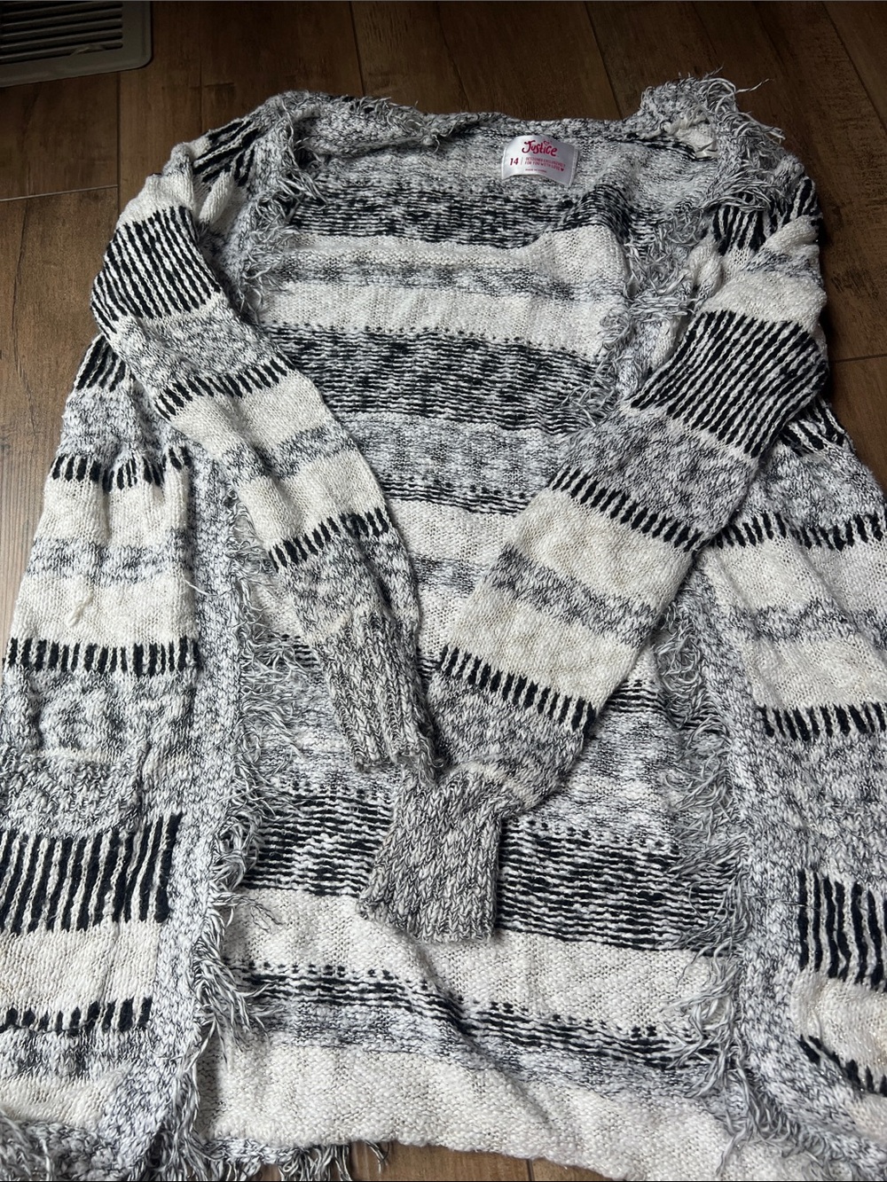 Justice Black & White Striped Fringe Open-Front Sweater